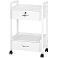 Salon Trolley Cart for Beauty SPA, Wooden Rolling Storage Station, White Mobile Utility Cabinet with 2 Drawers 1 Lockable, Medical Esthetic Supply Holder for Massage Tattoo Facials