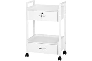 MEFEIR Salon Trolley Cart for Beauty SPA, Wooden Rolling Storage Station, White Mobile Utility Cabinet with 2 Drawers 1 Lockable, Medical Esthetic Supply Holder for Massage Tattoo Facials