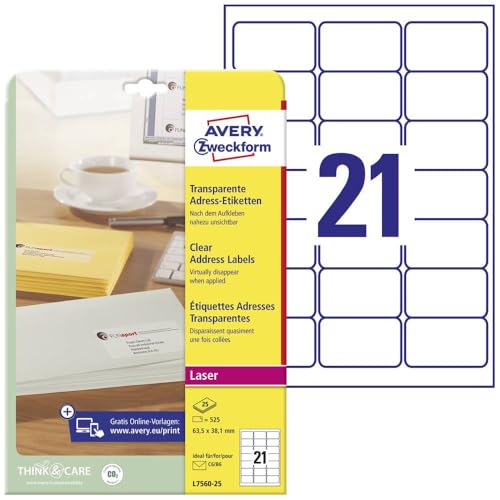 AVERY Zweckform L7560-25 Adressetiketten/Adressaufkleber (525 Etiketten, 63,5x38,1mm auf A4, bedruckbar, selbstklebend, fuer DIN B6/C6 Briefkuverts + Deutsche Post INTERNETMARKE) 25 Blatt, transparent