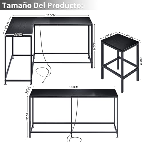 Simple Wisdom Barra Desayunador para Cocina,Barra de Cocina Convertible en Forma de L con Tomas de Corriente,Barras para Cocinas Pequeña de 3 Piezas y 2 Taburetes,Juego de Mesa de Bar(Color Negro)