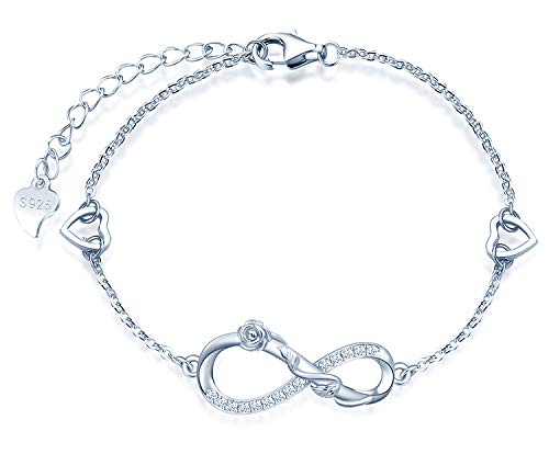 MicLee Woman's girl's Bracelet, 925 Sterling Silver bracelet, Rose flower and infinity symbol bracelet, with mini hollow heart, Inlaid zircon, adjustable chain, design of flower bracelet