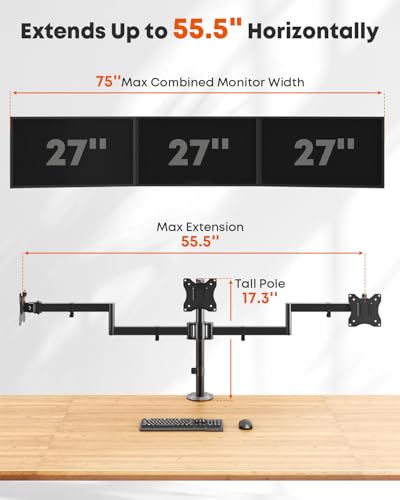 Triple Monitor Mount,3 Monitor Desk Mount Fits 13-27 inch Screens,Triple Monitor Stand Fully Adjustable with Cable Management,10kg Weight Capacity per Arm,VESA 75/100mm