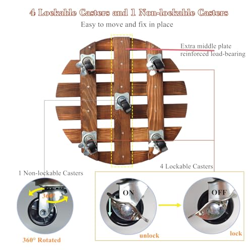 Plant Caddy, 2 PCS 14" with 5 Wheels, Rolling Plant Stand 220 LB Heavy Duty, Wooden Plant Dolly with Metal 360° Lockable Caster Wheels, for Outdoor Indoor Large Plant Pots, Flower Pot, Patio (Round)