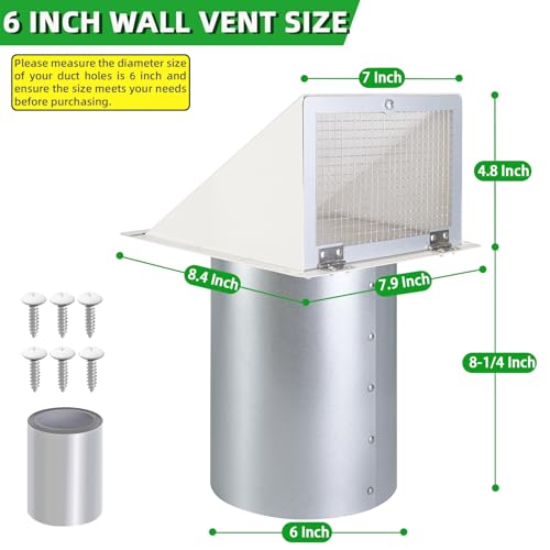 6 Inch Hooded Wall Vent with Screen and Damper,6 Inch Exhaust Vent Cover Cap for Outdoor Kitchen Range Hood Dryer Ventilation,Outside Wall Mount Extractor for House Air Exhaust,Galvanized Steel,White