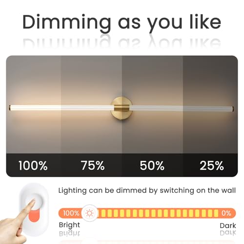 Luces de tocador de baño doradas de 47 pulgadas de largo, accesorios de iluminación para baño sobre espejo, con cableado fijo, LED regulable, iluminación completa de 360°, barra de luz de tocador