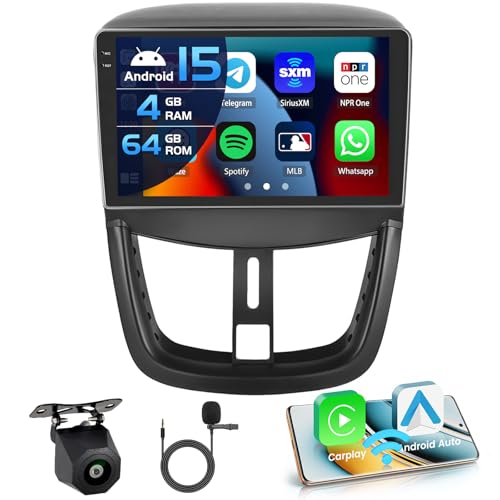 Inefala 4+64G Android 15 Radio para Peugeot 207 2006-2015 con 9'' In-Cell Pantalla con Wireless Carplay y Android Auto Mirror Link Radio FM/RDS GPS WiFi Bluetooth SWC Cámara Inversa