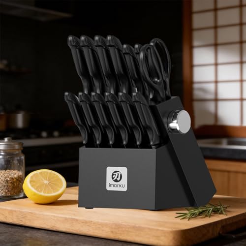 imarku Kitchen Knife Set, 14-Piece Knife Sets with Block & Built-in Sharpener, Japanese High Carbon Stainless Steel Knives, Ergonomic Non-Slip Handles, Black
