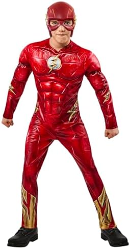 FATO DE THE FLASH (FILME) fato infantil, licença oficial, fato com peito almofadado, metade da máscara, para carnaval, festas, cosplay