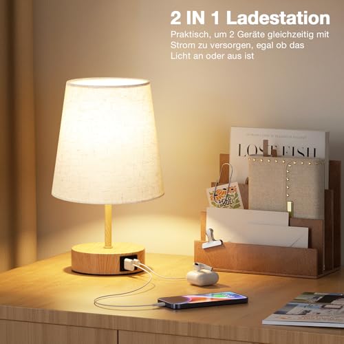 PreeOtti Bedside Lamp Touch Dimmable Table Lamp with USB A+C Charging Function | Lampshade in linen colour, small lamp for bedside table, living room, bedroom, children's room, office, bulb included