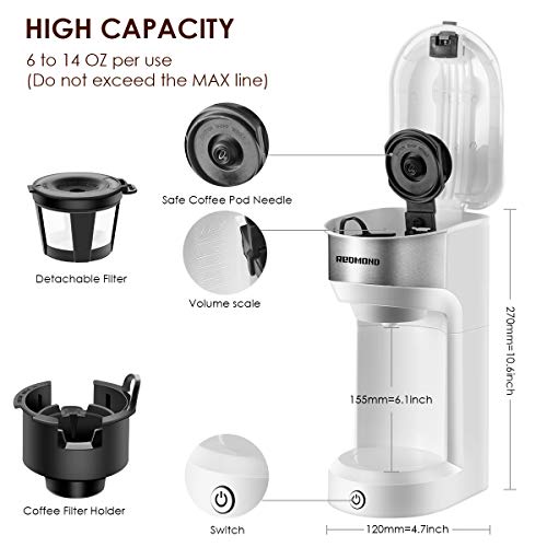 REDMOND Coffee Maker Single Serve, Single Cup Coffee Brewer for Pod