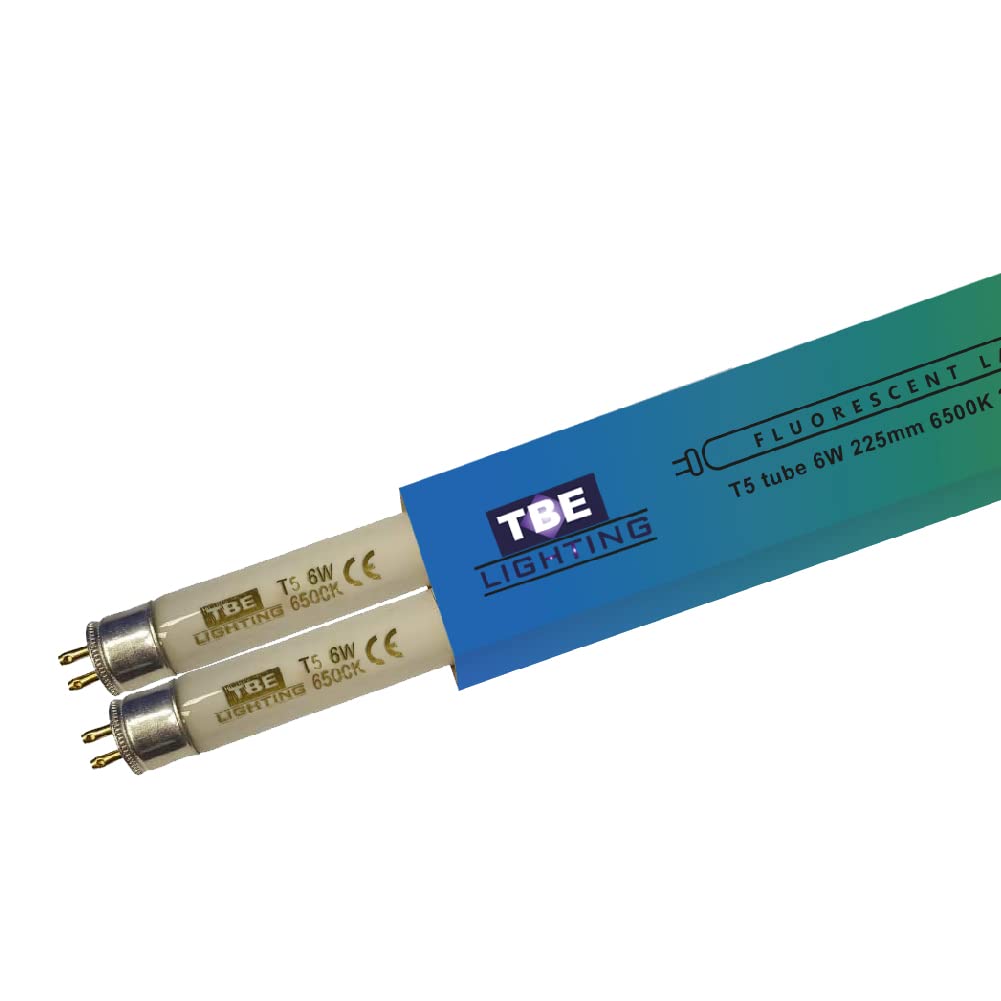 TBE LIGHTING T5 6w Fluorescent Tube Lamps 225mm - CFL Bulbs - G5 2-Pin Base Fittings - T5 High Efficiency Lamps, Day Light White 6500K (2-Pack)