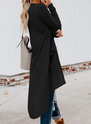 Fisoew Women's Long Sleeve Button Down Knee Length Knit Long Cardigan with Pockets