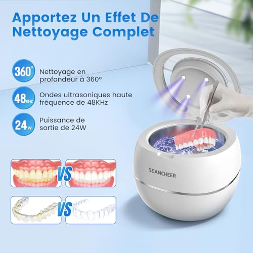 SEANCHEER Ultrasonic Cleaner 48000Hz Dental Pod | 180ML | Portable Mini Ultrasonic Cleaner with UV Lamp for | Dental Prosthetic | Dental Gutter | Bruxism | Aligner | Retainer | (White)