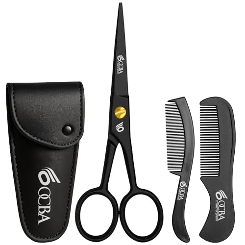 OCBA Beard Scissors, Professional Moustache Scissors, Ear Nose Hair Cutting Scissors Stainless Steel, Safe Use for Eyebrows (Black)