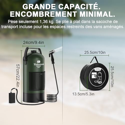 Tadomoe Douche Portable Électrique 20L avec 2000mAh Pompe - Douche Solaire de Camping Pliable avec Tuyau 2m & Sac de Rangement - Douche Extérieur pour Fourgon Aménagé, Plage, Chien et Randonnée