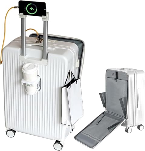 Carry-on Suitcase with Front Pocket for 15.6in Laptop, Mobile Phone Water Cup Holder Luggage Suitcase with Side Hooks, USB Type-C Interface Carry on Luggage for Travel(D)
