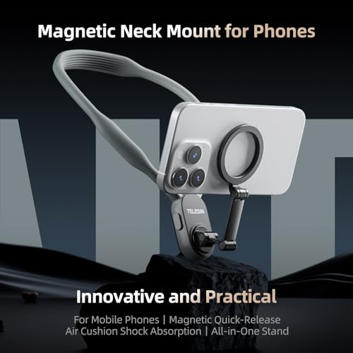 TELESIN Magnetic Neck Mount for Phones, Neck Cell Phone Holder POV/Vlog Selfie Mount Hand Free Phone Neck Holder Chest Stand Strap Video Recording for iPhone 15 14 13 12 Seires Android Phones(Gray)