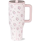 HydroJug Traveler - 40 oz Water Bottle with Handle & Flip Straw - Fits in Cup Holder, Leak Resistant Tumbler-Reusable Insulated Stainless Steel & Rubber Base - Gifts for Women & Men, Wildrose