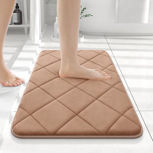 OLANLY Memory Foam Bath Mat 47x24, Ultra Soft and Absorbent Bathroom Rugs, Machine Washable, Comfortable Bath Carpet for Bathroom Floor, Tub and Shower, Dark Beige