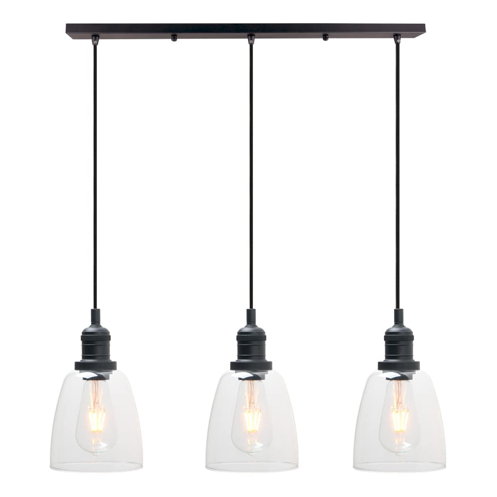 Phansthy Retro 3 Head Chandelier Pendant Light with 2m Adjustable Hanging Cord Bell Glass Shade Ceiling 3 Light Modern Hanging Lamps for Kitchen Bar Bedroom Living Room Dining Room (Black)