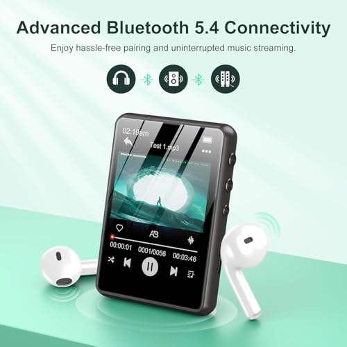 128GB MP3 Player with Bluetooth 5.4, 2.4 inch Full Touchscreen Portable Music Player HiFi Lossless Digital Audio Player with Speaker, FM Radio, E-Book, Earphones Included