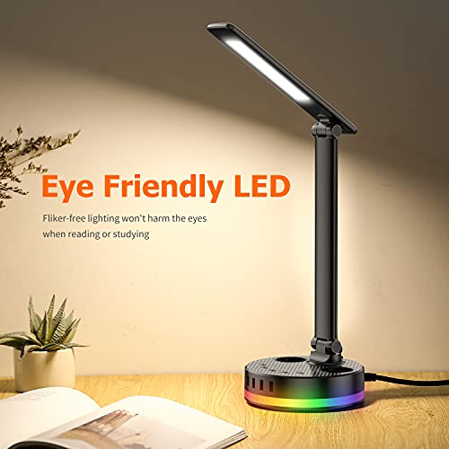 Lampe de Bureau LED, Lampe de Table avec 4 USB 2 Prises, Dimmable 4 Niveaux pour Lecture/Travail, Flexible Contrôle Tactile Lampe de Lecture Protection des Yeux (Noir)