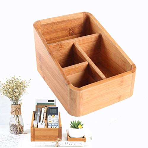 Boîte de Rangement Bureau Maison Organisateur Boîte de Télécommande Muli-compartiments Caisse de Rangement en Bambou Coffret de Maquillage Boîte de Stockage Étui Cosmétique 14.5 * 19 * 11CM