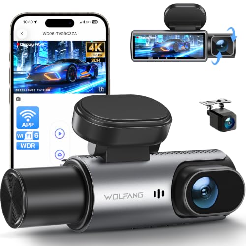 WOLFANG 4K Dash Cam Front and Rear Inside 3 Channel Dashcam, Car Camera Dash Cam with 3.19IPS, Super Night Vision, Loop Recording, G-Sensor, 170 Wide Angle, Parking Guard, APP Control