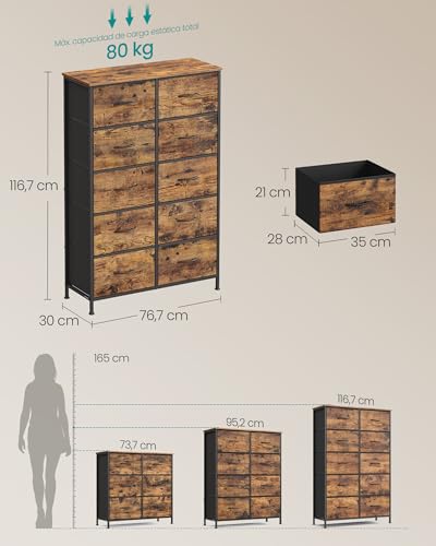 SONGMICS Cómoda, 10 Cajones de Tela, Acero, MDF, Tela no Tejida, para Dormitorio, Armario, Pasillo, Salón, Marrón Rústico y Negro Tinta MLGS125BH04