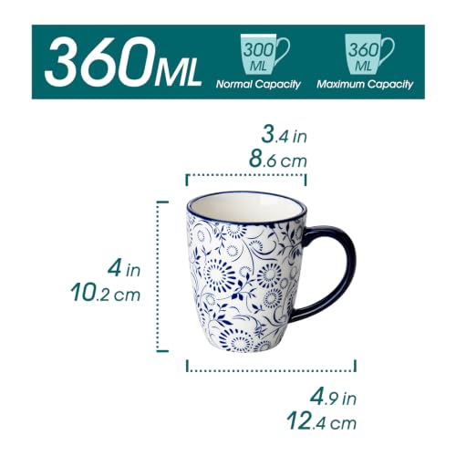 vancasso 12 oz Selene Ceramic Mugs Set of 6, 360 ml Small Vintage Blue-and-White Coffee Cups for Tea, Latte & Cappuccino, Drinkware Gift Set, Microwave & Dishwasher Safe