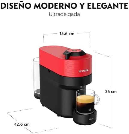 Krups nespresso vertuo pop xn9205 - cafeteira cápsula, máquina de café expresso, 4 tamanhos de xícara, tecnologia centrifusion, 35% plástico reciclado, vermelho picante