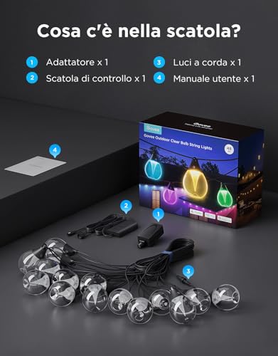 Govee Outdoor Lights, 15m Dimmable RGBWIC LED Chain Lights with 16 Million Colors and 111 Scene Modes, 80 lm for LED, 25,000 Hours Lifespan, Works with Alexa, Google Assistant, Matter