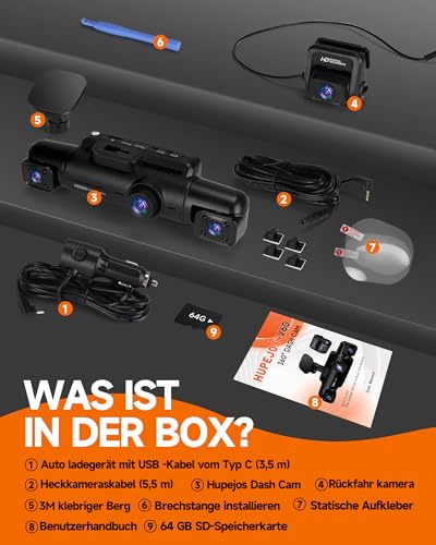 HUPEJOS 360° Dash Cam Car Front Rear 4 Channel Dash Cam Car Camera V60 | Inklusive 64GB SD-Karte, WDR-Nachtsicht (8 IR-LEDs), WiFi GPS,150° Weitwinkel, 3,18" IPS Display, G-Sensor,24/7 Parkmodus