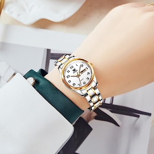 OLEVS Luxury Ladies Watches,Women's Watch with Day and Date,Female Watch for Small Wrist,Gold Stainless Steel Watches for Women,Easy Read Ladies Wrist Watches Waterproof（Adjustable Strap