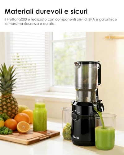 Fretta Fruit and Vegetable Extractor, 108MM Opening and Capacity of 1L Juice Extractor, 200W Slow Center, 99% Preserved Nutrients, BPA Free, Easy to Disassemble and Clean