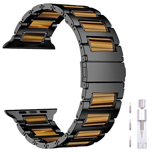 iiteeology Compatible with Apple Watch Band, Resin Stainless Steel Link Bracelet for iWatch Series 1-11 42mm 41mm 40mm 38mm - Tiger Tone Resin + Black Steel