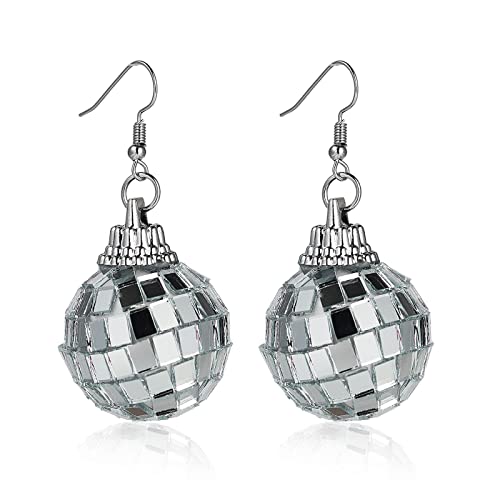 Disco Ball Earrings 60s 70s Silver Mirror Disco Ball Pendant 30mm