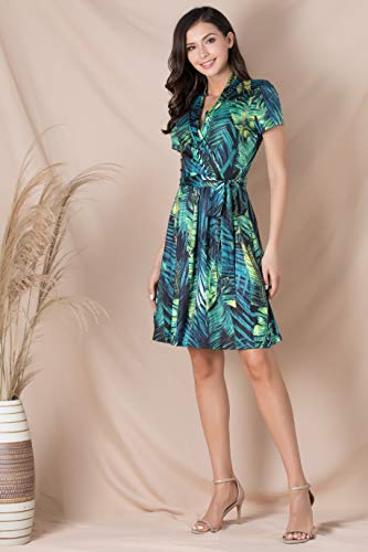 Fresca Women\'s Casual V Neck Belted Short Sleeve Swing A Line Faux Wrap Dress Green Leaf Small