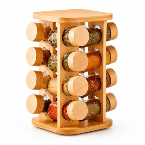 Porta Temperos Giratório 360° em Bambu com 16 Potes de Vidro 80ml, Base Quadrada – Organizador Premium para Cozinha