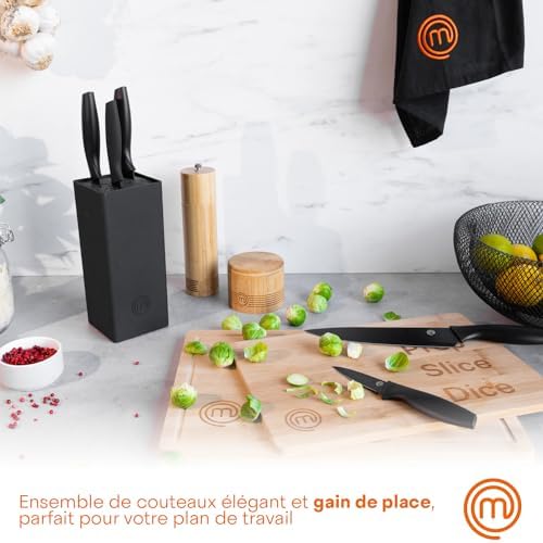 MasterChef Couteaux de Cuisine avec Bloc, Contient : Couteau d'Office Universel, Couteau à Viande et Pain, Couteau de Chef, Acier Inoxydable, Manche Ergonomique, Noir, Toucher Doux