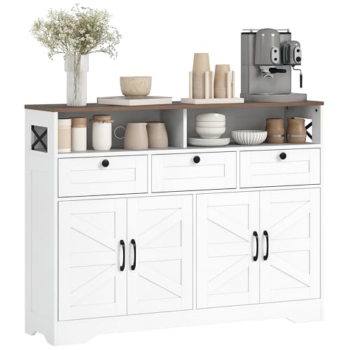 HOMCOM Sideboard Buffet Cabinet, 47" Farmhouse Kitchen Storage Cabinet with 4 Barn Doors and 3 Drawers, Coffee Bar Station with 2 Adjustable Shelves, 2 Open Shelves, White