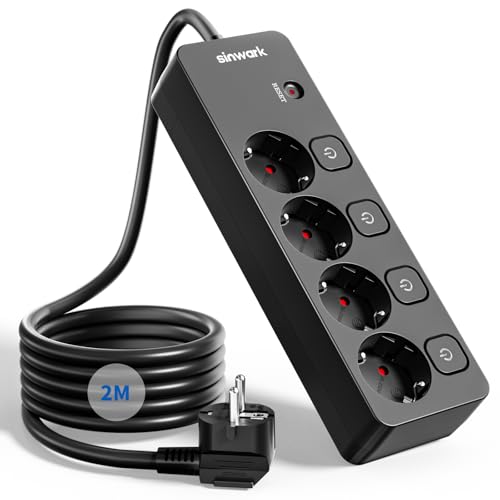 Sinwark Steckdosenleiste Einzeln Schaltbar 4Fach, Power Strips, Mit Überspannungsschutz，With Child Safety Lock,Thickened And Widened Conductive Sheet,16 A/250V/3680 W,Black (2, Meter) (Black, 2M)