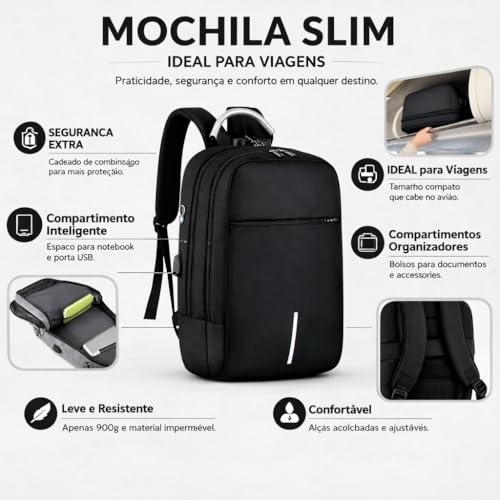 Mochila Executiva Antifurto Masculina Feminina Impermeável com Cadeado e Entrada USB – Para Notebook até 15,6” Trabalho Viagem Escola