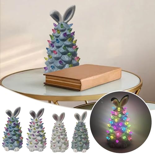 Lighted Easter Ceramic Bunny Tree Decoration,Easter Rabbit Figurines with Colorful Lamp Beads & Bunny Ear, Spring Decor Figurine Night Light for Home, Tabletop Holiday Decorations Gifts (19.5CM/A)