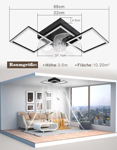 Homefire Lámpara de techo moderna con ventilador de 68cm - Ventilador de techo con luz, 6 velocidades, LED, regulable, con control remoto y temporizador para sala de estar y comedor