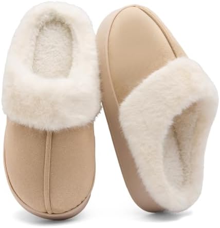 RIKANR Women's Fuzzy Memory Foam Slippers Comfy Soft Winter Slip On House Slippers Bedroom Shoes with Warm Plush Lining and I
