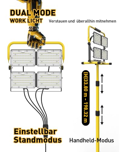 26000LM LED Work Light with Stand, Portable Work Light with 4 Heads and 5.0M Cable - IP66 Waterproof Floodlight for Workshop, Garage, Construction Site and Outdoor Lighting