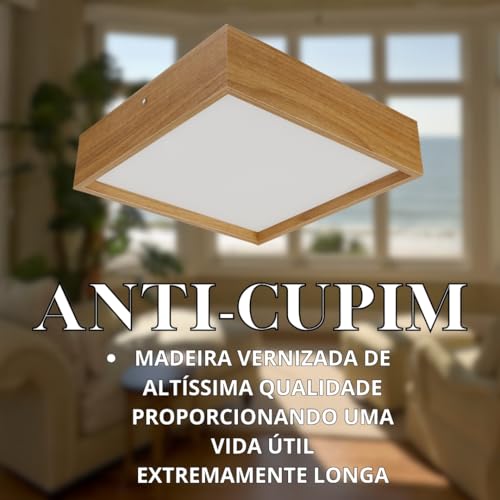 Luminária de Madeira Plafon Teto Quadrado Sobrepor 30cm Freijó Acrílico Branco Leitoso para Sala Quarto Cozinha