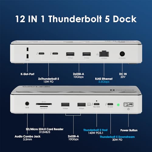 WAVLINK Intel Certified Thunderbolt 5 Dock, 12-in-1 TB5 Docking Station with 120Gbps Max Transfer, 140W PD, 2.5G Ethernet, 4X USB-A 3.2 Gen 2, SD4.0, for Windows 11/Mac OS 14.6 or Later TB5/4 Laptops