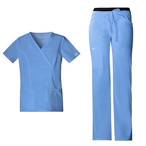 Workwear Women's Core Stretch Mock Wrap Scrub Top 4728 Workwear Drawstring Flare Leg Scrub Pants 24001 Medical Scrub Set (Ciel - Large/X-Large)